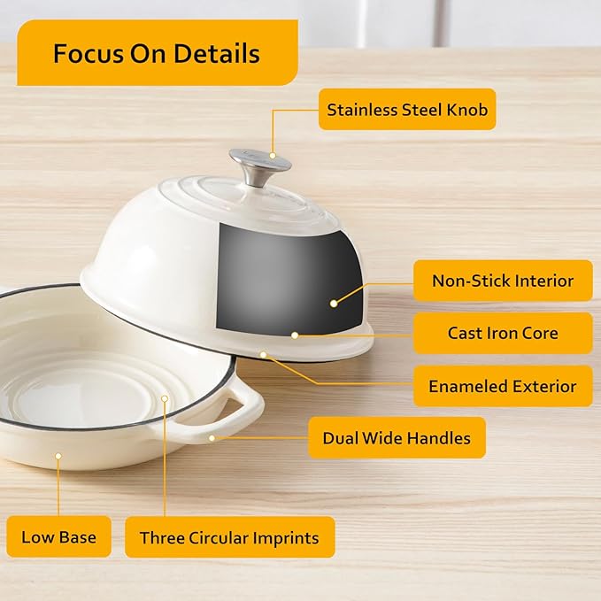 Velaze Enameled Cast Iron Dutch Oven for Bread Baking,5 QT Bread Oven Pot with Dome Lid for Crispy Artisan Bread & Bakery-Style Homemade Loaves(White)