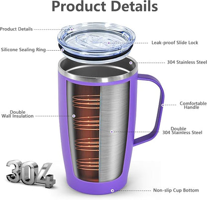 2Pack Stainless Steel Insulated Bottle, 16oz Tumblers with Handle, Double Wall Vacuum Travel Coffee Mug with Handle for Working Travel Driving, Purple&Green