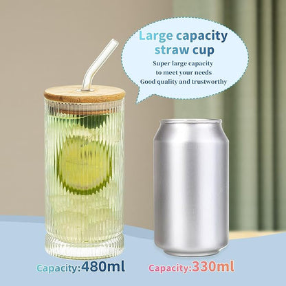 Ribbed Glass Cups With Lids And Straws, 16oz Drinking Glasses, Vintage Glassware Set of 4 Large, Origami Style Cocktail Glasses, Tumbler for Bar Beverages, Whiskey (4PCS-16 Oz With Lid And Straw)