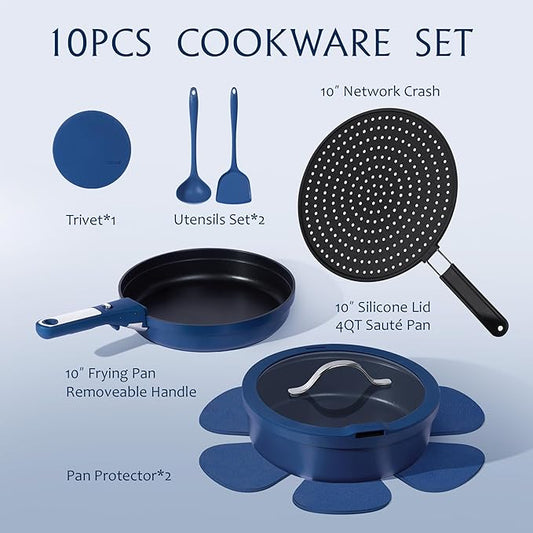 CAROTE 10-Piece Pots and Pans Set, Nonstick Cookware Set Detachable Handle, Frying Pan with Splatter Screen, Oven Safe, Induction Ready, Stackable, Blue