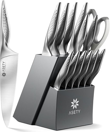 ASETY Knife Set - Ultra Sharp Knives Set for Kitchen with block, 15 PCS Stainless Steel Knife Set with Built-in Sharpener, Ergonomic Non-Slip Handle, Elegant Box for Men Women, Fathers day