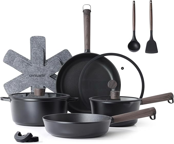 SENSARTE 13Pcs Pots and Pans Set Nonstick Cookware Set Kitchen Cooking Frying Pans with Stay-cool Handle, Dishwasher Safe, Induction Compatible, PFOA/PFOS Free, Black