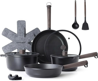 SENSARTE 13Pcs Pots and Pans Set Nonstick Cookware Set Kitchen Cooking Frying Pans with Stay-cool Handle, Dishwasher Safe, Induction Compatible, PFOA/PFOS Free, Black