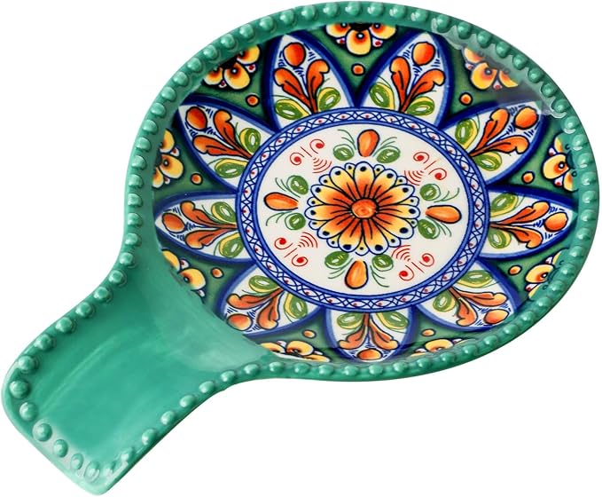 Spoon Holder for Kitchen Counter Ceramic Spoon Rest for Stove Top Large 7.7 Inch Heat-Resistant Cooking Spoon Holder for Coffee Spoon Rest,Spatula or Tongs,Bohemian Green Dishwasher Safe