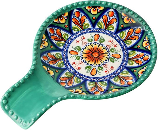 Spoon Holder for Kitchen Counter Ceramic Spoon Rest for Stove Top Large 7.7 Inch Heat-Resistant Cooking Spoon Holder for Coffee Spoon Rest,Spatula or Tongs,Bohemian Green Dishwasher Safe