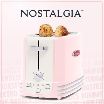 Nostalgia Retro Wide 2-Slice Toaster, Vintage Design With Crumb Tray, Cord Storage & 5 Toasting Levels, Pink