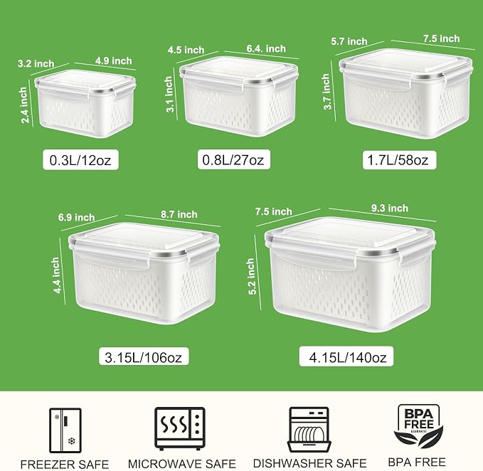 5 Pack Fruit Storage Containers for Fridge with Removable Colander, Produce Containers BPA-free Fridge Organizer to Keep Berry Lettuce Vegetable Fresh, Dishwasher & Microwave Safe
