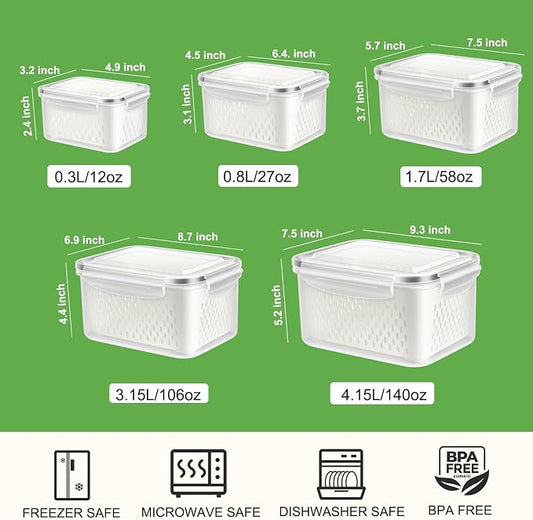 5 Pack Fruit Storage Containers for Fridge with Removable Colander, Produce Containers BPA-free Fridge Organizer to Keep Berry Lettuce Vegetable Fresh, Dishwasher & Microwave Safe