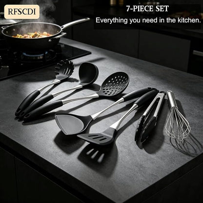 Premium Black Silicone Cooking Utensils Set - Non-Toxic, Heat Resistant& Non-Stick Kitchen Utensils Set with Spatula, Spoon, Whisk, Tongs, BPA Free, Dishwasher Safe, Black