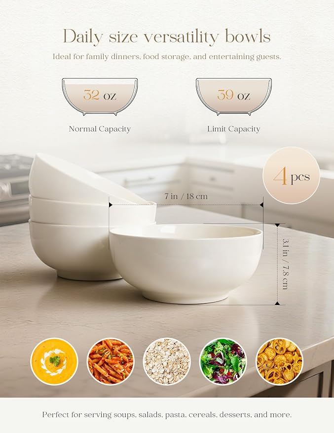 AISBUGUR Cereal Bowls,39 OZ Large Soup Bowls: Porcelain Salad Bowls Set of 4- Pho Bowls for Soup,Salad,Pasta,Fruit,White Bowls Set for Dishwasher & Microwave Safe