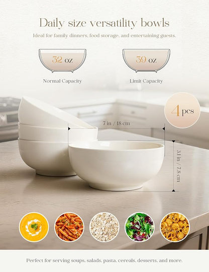 AISBUGUR Cereal Bowls,39 OZ Large Soup Bowls: Porcelain Salad Bowls Set of 4- Pho Bowls for Soup,Salad,Pasta,Fruit,White Bowls Set for Dishwasher & Microwave Safe