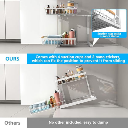 Merrylun Under Sink Organizers,5 Adjustable Height，Metal Pull Out Under Sink Organizers and Storage Shelves with Sliding Drawer, White 1pack（Hight 13.6″-16.9″）