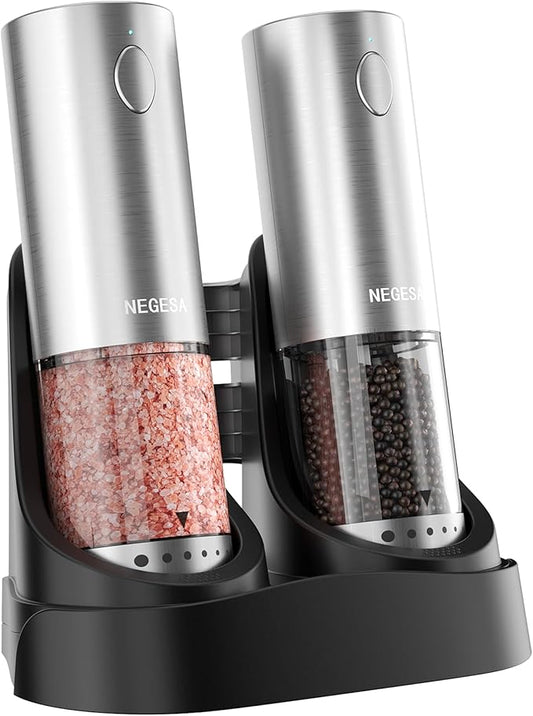 Electric Salt and Pepper Grinder Set with Rechargeable Base - Automatic Refillable Electric Salt and Pepper Shakers with Large Capacity, LED Light & Adjustable Coarseness, Stainless Steel