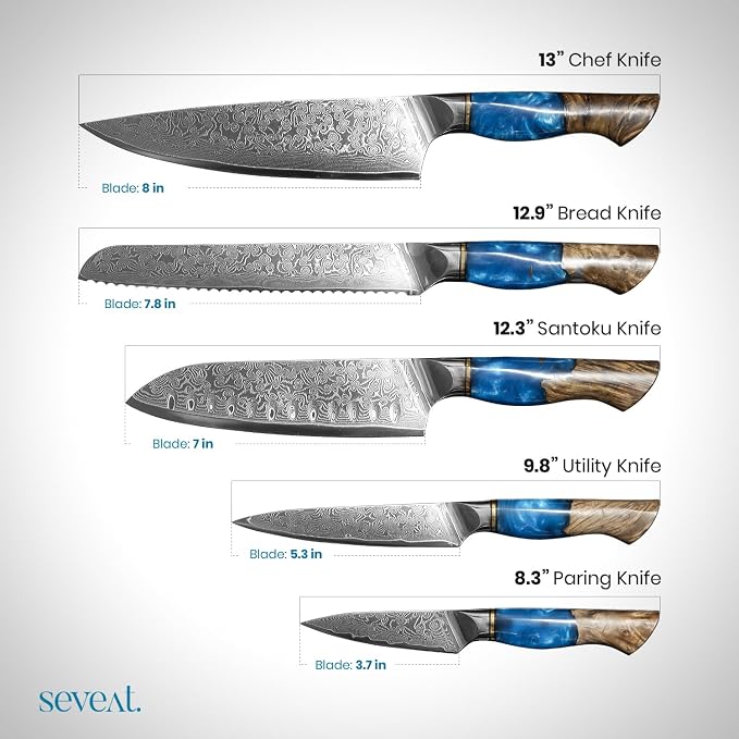 Damascus Kitchen Knife Set | 67-Layer Damascus Steel | Professional Japanese Chef Knife Set | Ergonomic Wood & Resin Handle | Gift Box Included (Blue, 5-Piece Set)