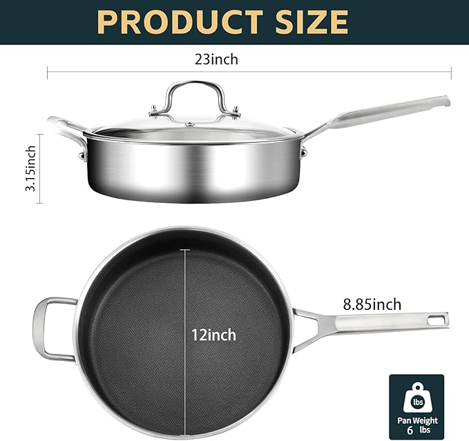 Yeksum Stainless Steel 6 Quarts Saute Pan with lids, Nonsitck 12.5 inch Jumbo Cooker, 3 Layer Deep Frying pan with Stay Cool Handle, Dishwasher and Metal Utensil Safe