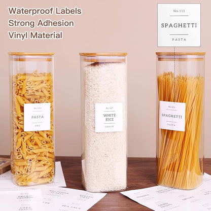 CZZGSM 3 Pack Square Kitchen Storage Jars with Airtight Bamboo Lids and 132 Pantry Labels - 80oz Glass Canisters with Wood Lids - Food Storage Containers for Spaghetti, Pasta, Fettuccine