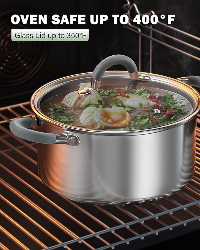 Cook N Home Basics Stainless Steel Cookware Sets, Pots and Pans Set with Stay-Cool Handle, Induction Compatible, Dishwasher and Oven Safe, 12-Piece