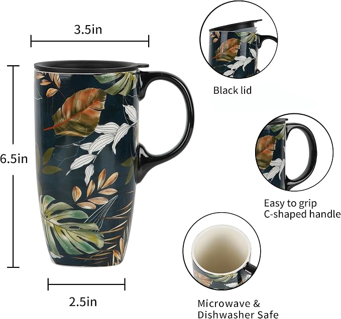 Topadorn 17oz Ceramic Travel Mug with Lid and Handle, Leaf Art Coffee Cup, Nature Inspired Porcelain Mug, Microwave & Dishwasher Safe, Gift Box Included
