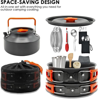18Pcs Camping Cookware Mess Kit, Non-Stick Lightweight Camping Pots and Pans with 1.1L Kettle, 2 Set Stainless Steel Cups Plates Forks Knives Spoons for Backpacking, Hiking, Outdoor Cooking