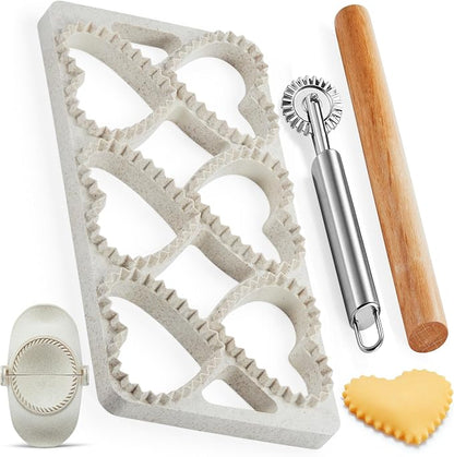 Ravioli Maker Press, Ravioli Press Mold Set - Heart Ravioli Stamp Maker Cutter with Wood Rolling Pin, 2.6" Empanada Maker Press Kit and Ravioli Wheel, Makes 6 Ravioli