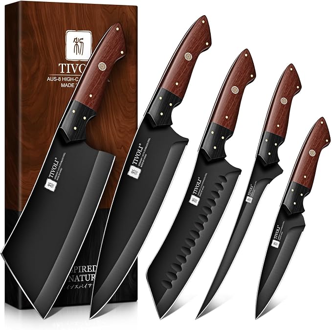 TIVOLI Kitchen Knife Set 5pcs - Chef Knife Set with Full Tang Wooden Handle - Cleaver, Boning, Fillet, Santoku, Kitchen Utility Knives - Cooking Gifts for Men and Women