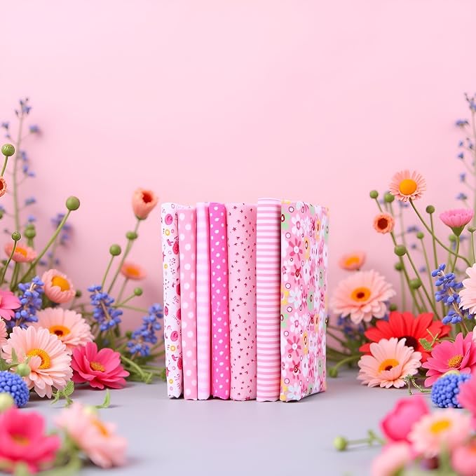 7Pcs Top Cotton Craft Fabric Bundle Squares Patchwork,DIY Sewing Scrapbooking Quilting Floral Dot Pattern Craft and Hobby Fabric,Fabric Arts,Crafts and Sewing10 x 10" (25cm x 25cm) (Pink)