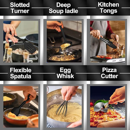 43 Pcs AIKKIL Kitchen Utensils Set, Heat Resistant Silicone Cooking Kitchen Utensils Set with Holder, Spoon, Spatula, Kitchen Gadgets Tools Set For Nonstick Cookware, Dishwasher(BPA Free, Black)