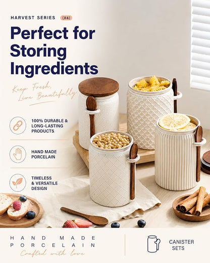 getstar Canisters Sets for the Kitchen, 32 oz Sugar Coffee Tea Storage Containers, Ceramic Kitchen Canisters for Countertop Set of 4 with Airtight Lids and Teaspoons