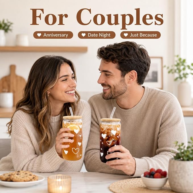 Glass Cups with Lids and Straws, 2 Pack Heart Glass Cups, 16 oz Borosilicate Iced Coffee Cups, Matching Drinkware for Best Friends, Couples, Birthday and Anniversary