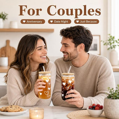Glass Cups with Lids and Straws, 2 Pack Heart Glass Cups, 16 oz Borosilicate Iced Coffee Cups, Matching Drinkware for Best Friends, Couples, Birthday and Anniversary