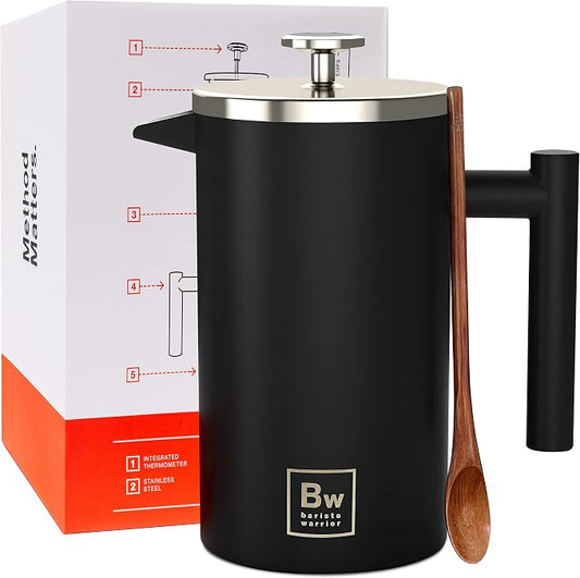 Barista Warrior French Press Coffee Maker - Double-Wall Stainless Steel Insulated French Press with Built-In Thermometer, Dual Filters Coffee Maker with Wooden Spoon - Black