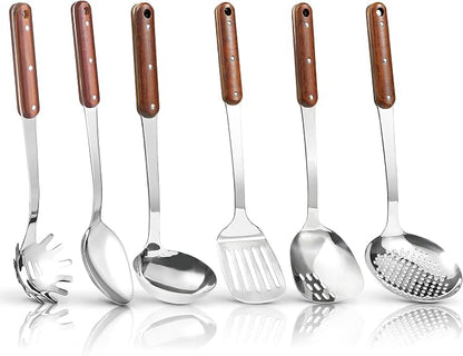 FJNATINH Stainless Steel Cooking Utensils Set, Mirror Polished 6 Pieces Kitchen Utensils Set, Kitchen Tools Set With Wooden Handle Non-Stick Heat Resistant,Dishwasher Safe, Easy to Clean