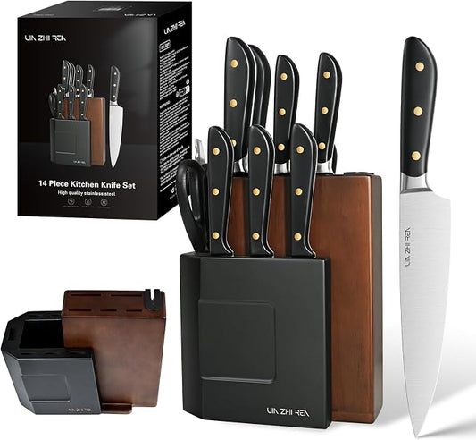 14-Piece Kitchen Knife Set with Detachable Block, High Carbon Stainless Steel Dishwasher Safe Knives, Includes Chef, Santoku, Bread, Steak Knives for Home Kitchen, Black