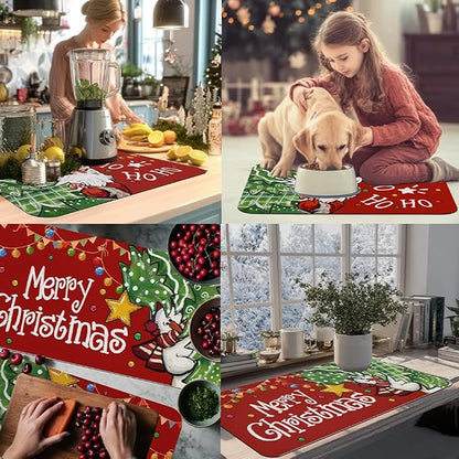 Baccessor Christmas Dish Drying Mat with 4PCS Coasters,2PCS Kitchen Bar Mat Coffee Mat Accessories Fits Under Coffee Maker and Pot,Santa Claus Snowman Bar Mat Detachable