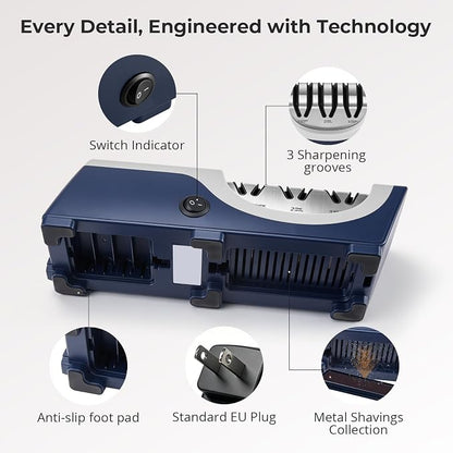 Kitchen Professional Electric Knife Sharpener: 3-Stage 100% Diamond Knife Sharpeners - 15° Precision Electric Sharpening Tool to Restore & Polish Chef Knives | Ideal Gift for Chefs & Dads