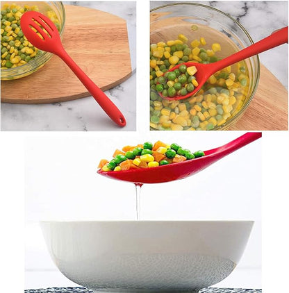 Linwnil 4 Pieces Silicone Slotted Spoons,10.6 Inch Nonstick Mixing Serving Spoons for Kitchen Cooking Bake Stir Draining Tool (2, Red)