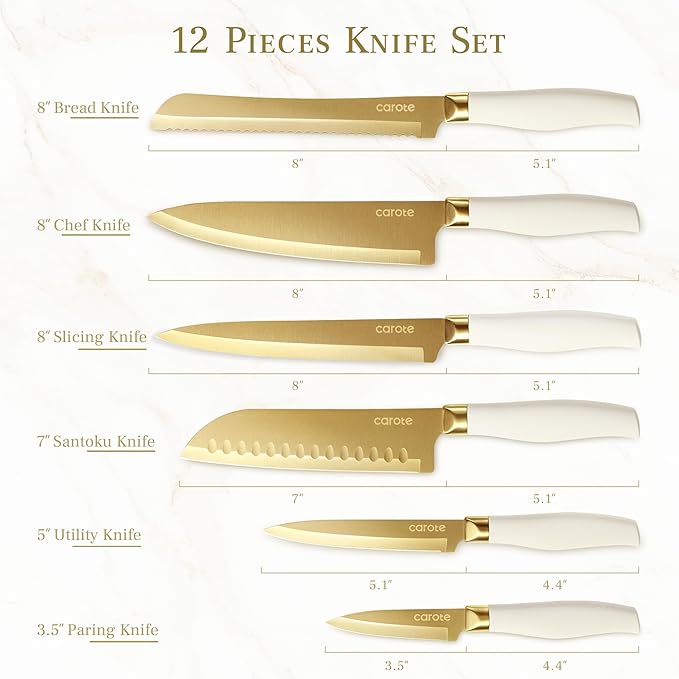 CAROTE 12PCS Kitchen Knife Set, Healthy Gold Titanium Coating Knife Set, Dishwasher Safe with 6 Blade Guards, Rustproof Stainless Steel Cutlery Set, White and Gold