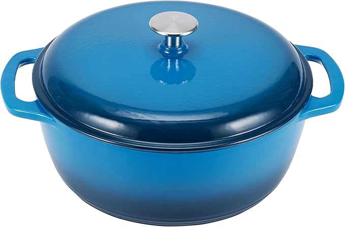 Basics Enameled Cast Iron Dutch Oven Pot with Lid, Round, Dual Handles, Heavy-Duty, Oven Safe for Stews, Roasting, Baking, 7.3-Quart, Blue