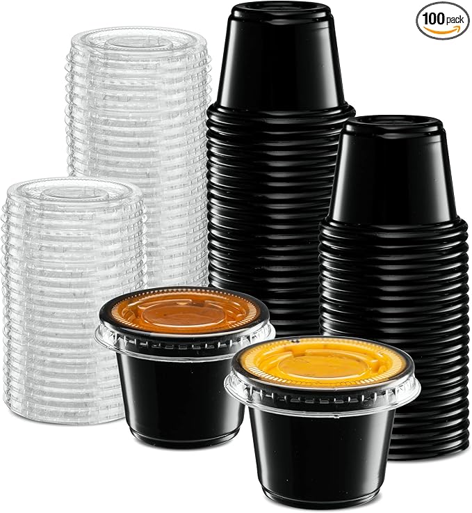 {1 oz - 100 Sets} Black Diposable Plastic Portion Cups With Lids, Small Mini Containers For Portion Controll, Jello Shots, Meal Prep, Sauce Cups, Slime, Condiments, Medicine, Dressings, Crafts, Disposable Souffle Cups & Much more