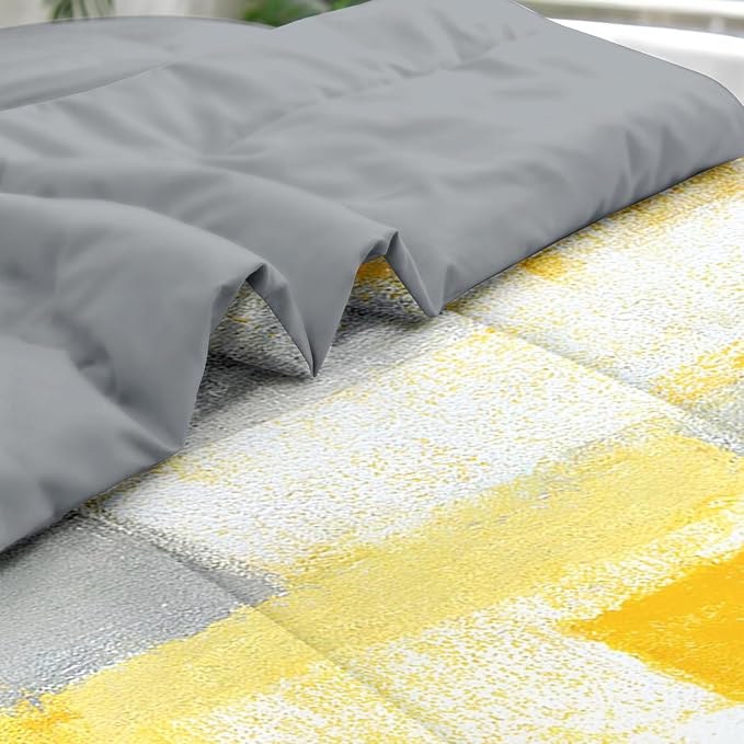 Pamnest Comforter Set King Size, Grey Yellow Painting Gray 7 Pcs Bedding for Kids and Adults, Office Contemporary Abstract Bed Sheet Sets with Fitted Sheet 2 Pillowcase & 2 Sham for Bedroom Bed Decor