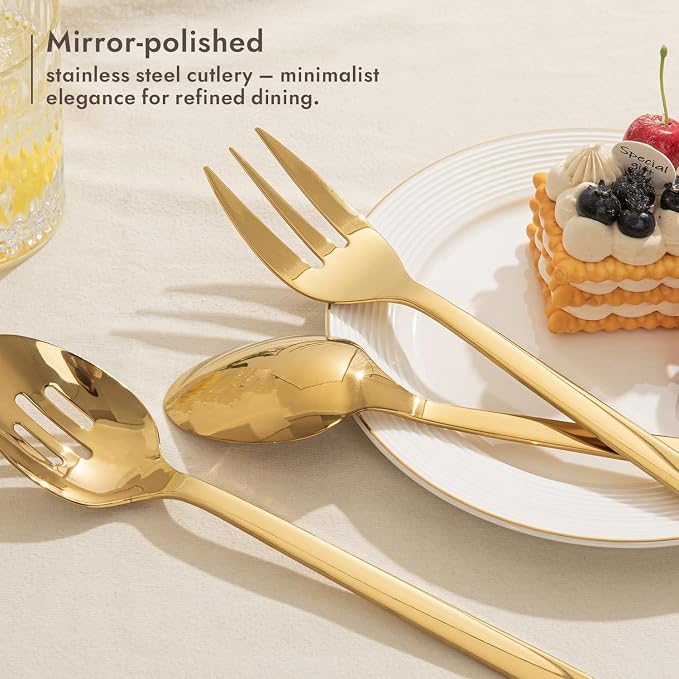 KINGSTONE 10 Piece Large Hostess Gold Serving Utensils Set, Heavy Duty 18/10 Stainless Steel - 10 inch Serving Spoons, Slotted Spoons, Forks, Tongs, Cake Pie Server for Buffet, Wedding, Party
