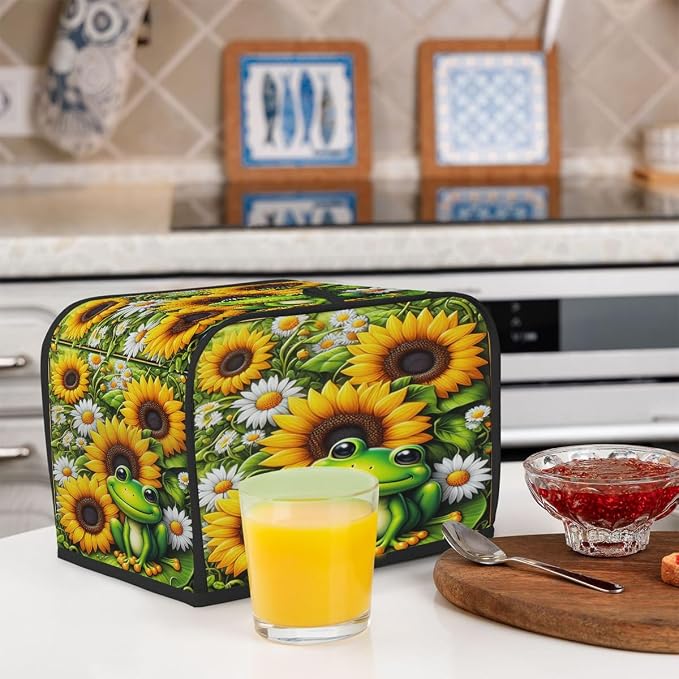 Sunflower Frog Toaster Cover 4 Slice Wide Slot Washable Kitchen Appliance Covers Fingerprint Bread Machine Dust Cover Small Toaster Oven Accessories Covers Bread Maker Bag Women Gift