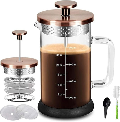 YMMIND French Press Coffee Maker 34 Ounce Espresso Tea Coffee Maker with 4 Filters System, Stainless Steel Plunger and Heat Resistant Borosilicate Glass BPA-Free Brewed Tea Pot Coffee Plunger