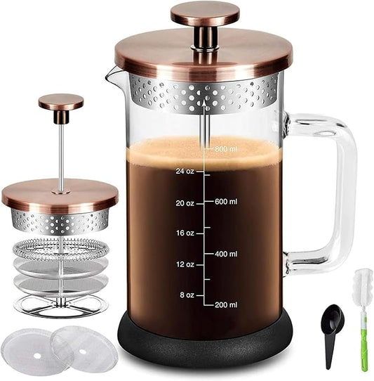 YMMIND French Press Coffee Maker 34 Ounce Espresso Tea Coffee Maker with 4 Filters System, Stainless Steel Plunger and Heat Resistant Borosilicate Glass BPA-Free Brewed Tea Pot Coffee Plunger