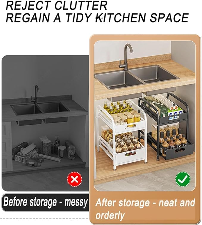 2 Tier Pull-out Storage Organizer, Slide Out Kitchen Cabinet Storage Sliding Shelves, Under Sink Organizers Drawer, Multi-Purpose Storage Rack for Kitchen Pantry, Bathroom Countertop Storage (Black)