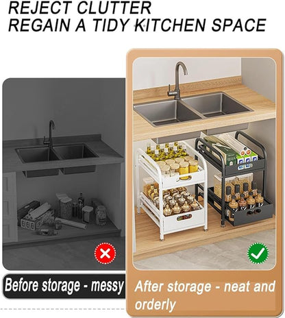 2 Tier Pull-out Storage Organizer, Slide Out Kitchen Cabinet Storage Sliding Shelves, Under Sink Organizers Drawer, Multi-Purpose Storage Rack for Kitchen Pantry, Bathroom Countertop Storage (Black)