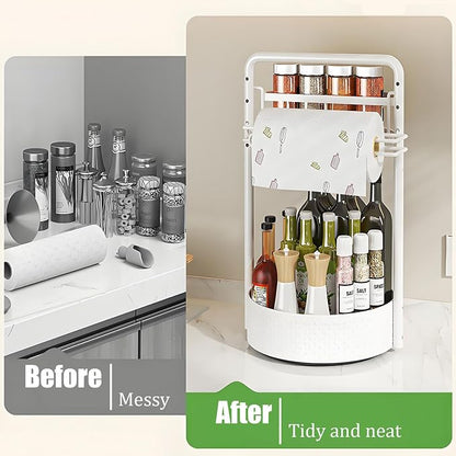 JEESA Rotating Spice Rack with Paper Towel Holder, White | 2 Tier Lazy Susan, Sturdy Iron, Seasoning Organizer, Kitchen Countertop