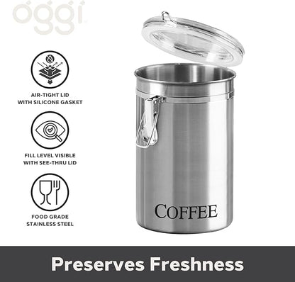 Oggi Stainless Steel Coffee Canister 62 fl oz - Airtight Clamp Lid, Clear See-Thru Top - Ideal for Coffee Bean Storage, Ground Coffee Storage, Kitchen Storage, Pantry Storage. Large Size 5" x 7.5".