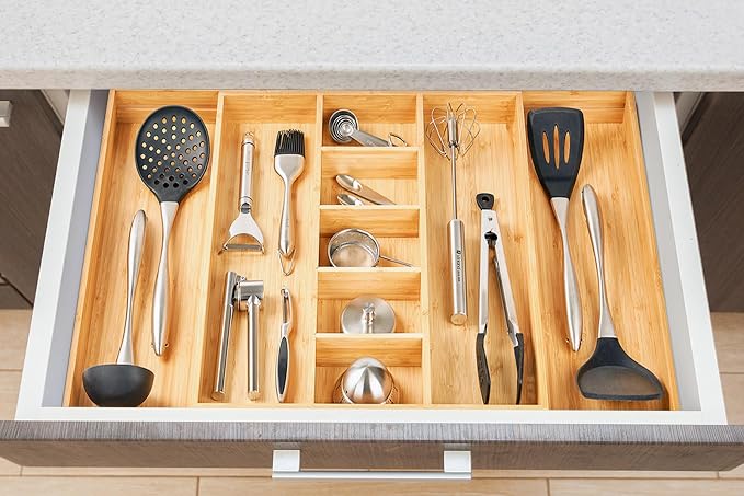 Umilife Extra Large Expandable Kitchen Drawer Organizer for Utensil and Junk, 19" Deep for Big Drawer, 17" to 28" Adjustable Bamboo Wood Drawer Divider, Cutlery Tray, Flatware Holder
