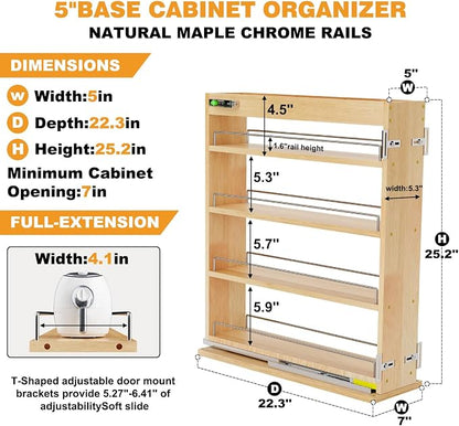 Pull Out Spice Rack Organizer for Cabinet, 5" W x 22.3" D x 25.2" H Multi-Use Solid Wood Slide Out Shelf for Kitchen Cabinet, Sliding Spice Rack for Cans & Jars, Pantry Organization